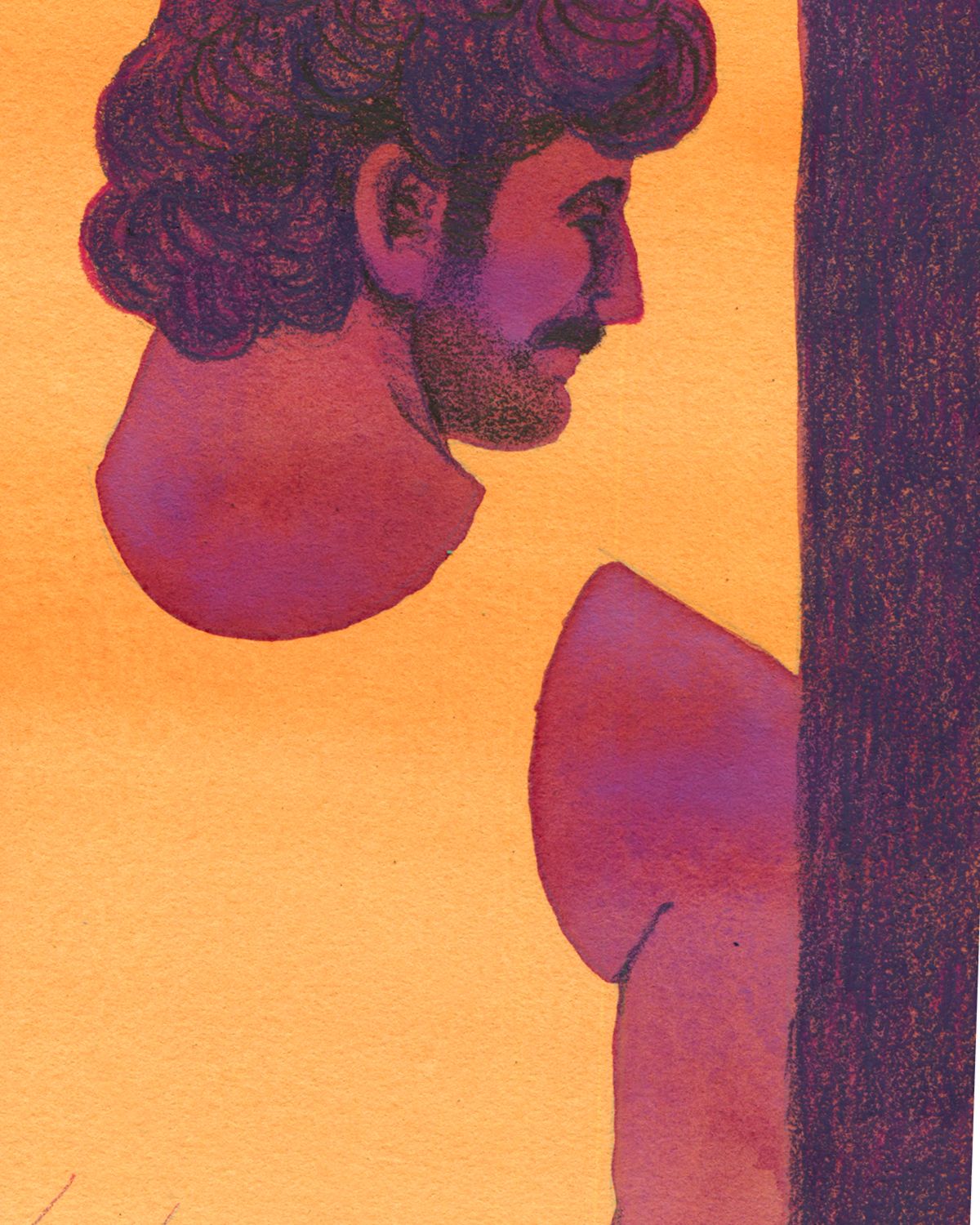Watercolor painting of a semi-nude man leaning against a wall, against an orange background