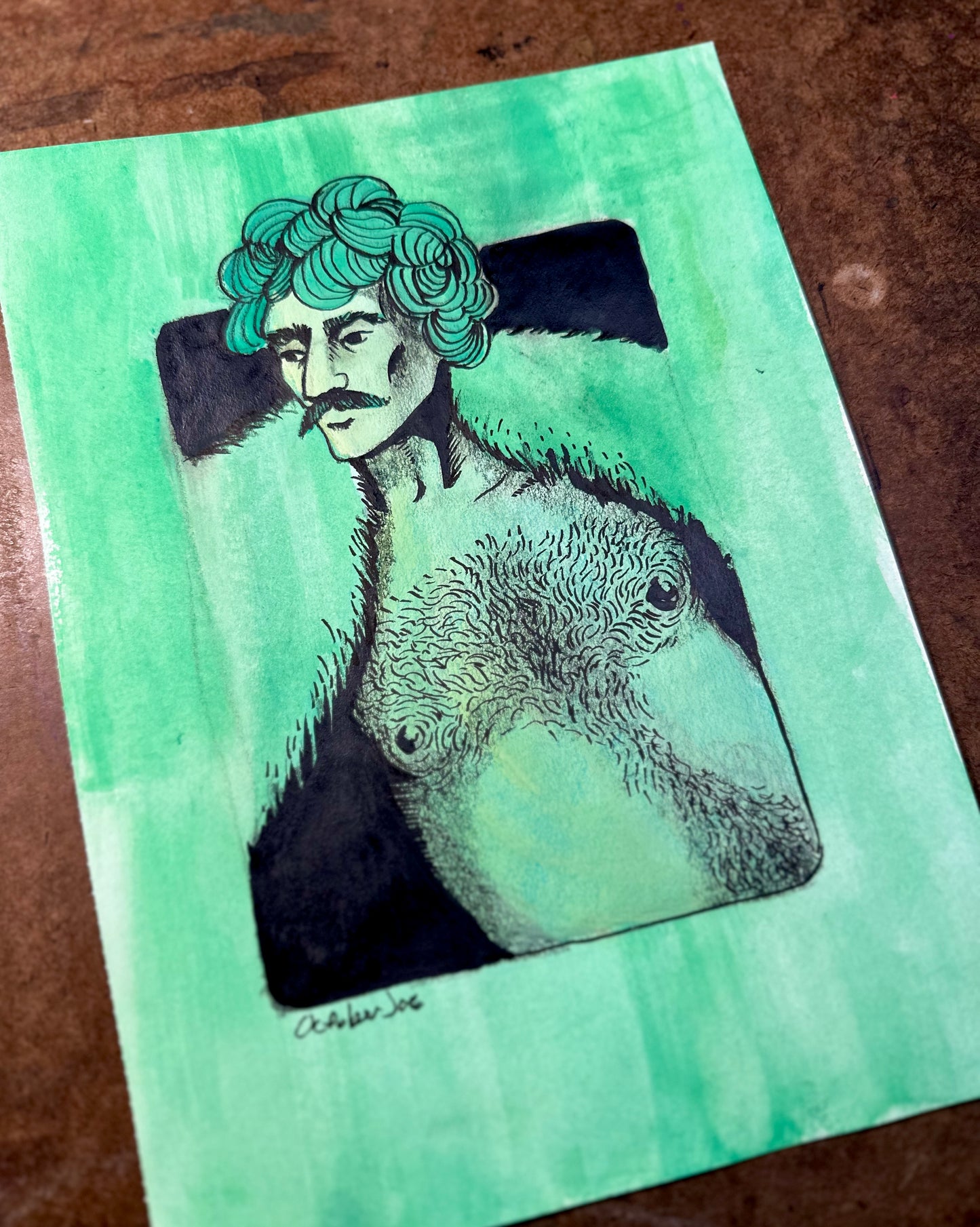 ink illustration of a man with curly hair wearing furs