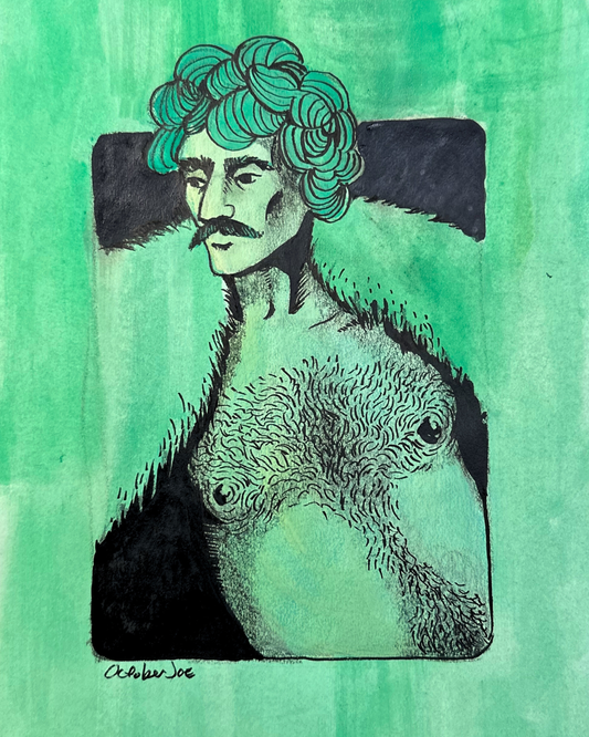 Illustration of a person with wavy hair and a beard on a green background
