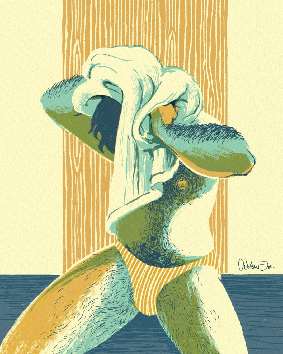 A stylized pop-art illustration of a person with arms raised, wearing a white towel over the head and striped underwear, set against a cream background with wood paneling and a blue floor. Signed by artist in the lower right.
