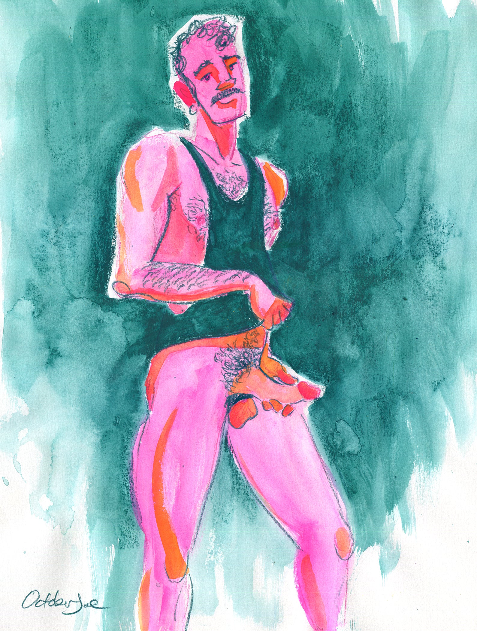 Artistic depiction of a person in pink and orange attire against a teal and white abstract background.