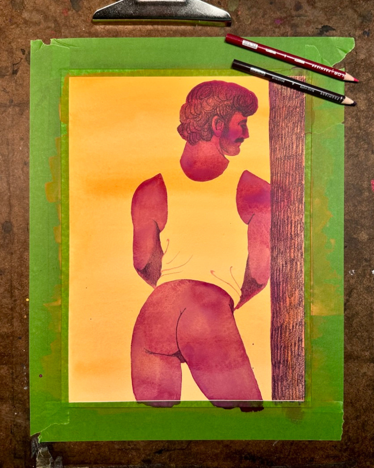 Watercolor painting of a semi-nude man leaning against a wall, against an orange background