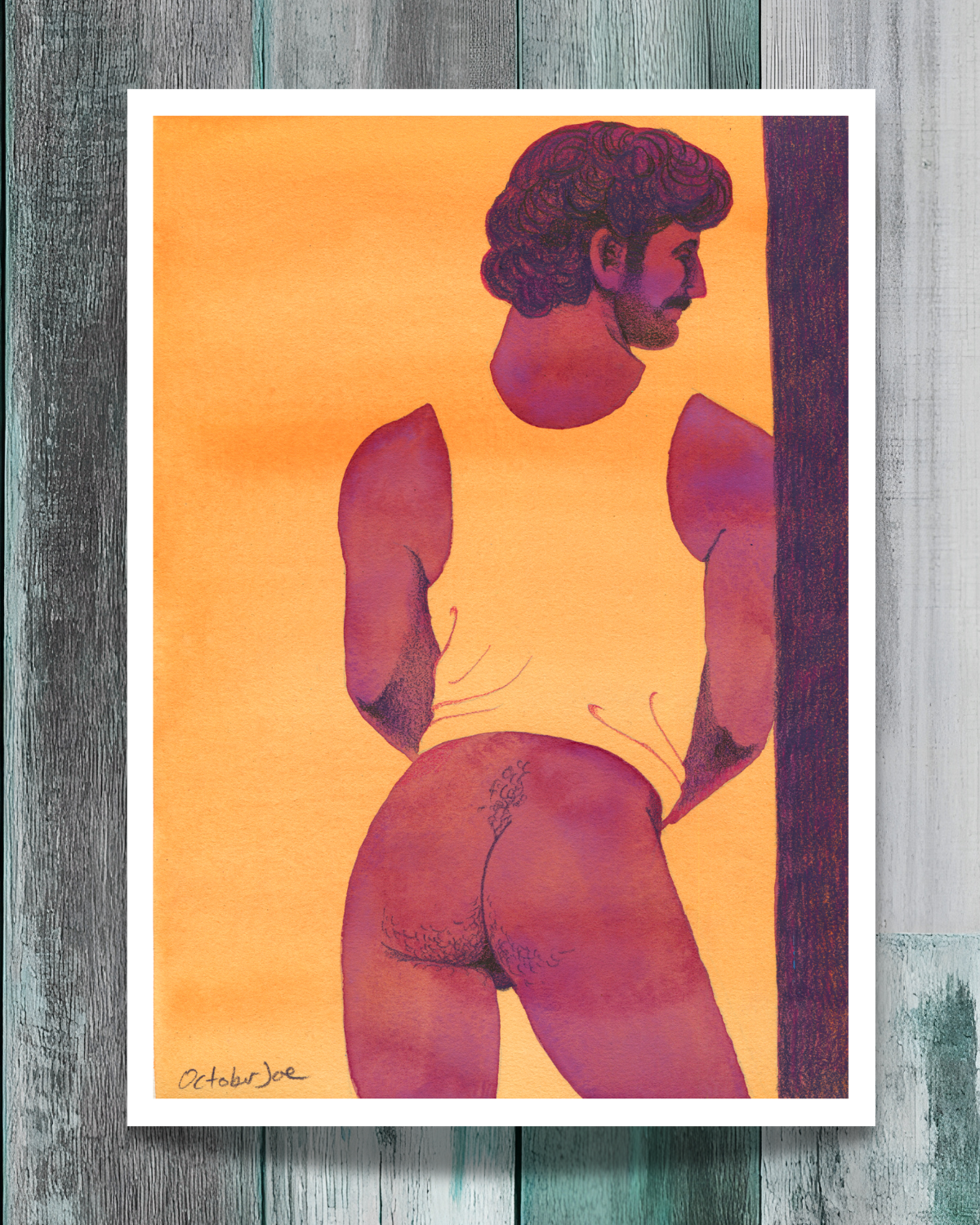 Watercolor painting of a semi-nude man leaning against a wall, against an orange background