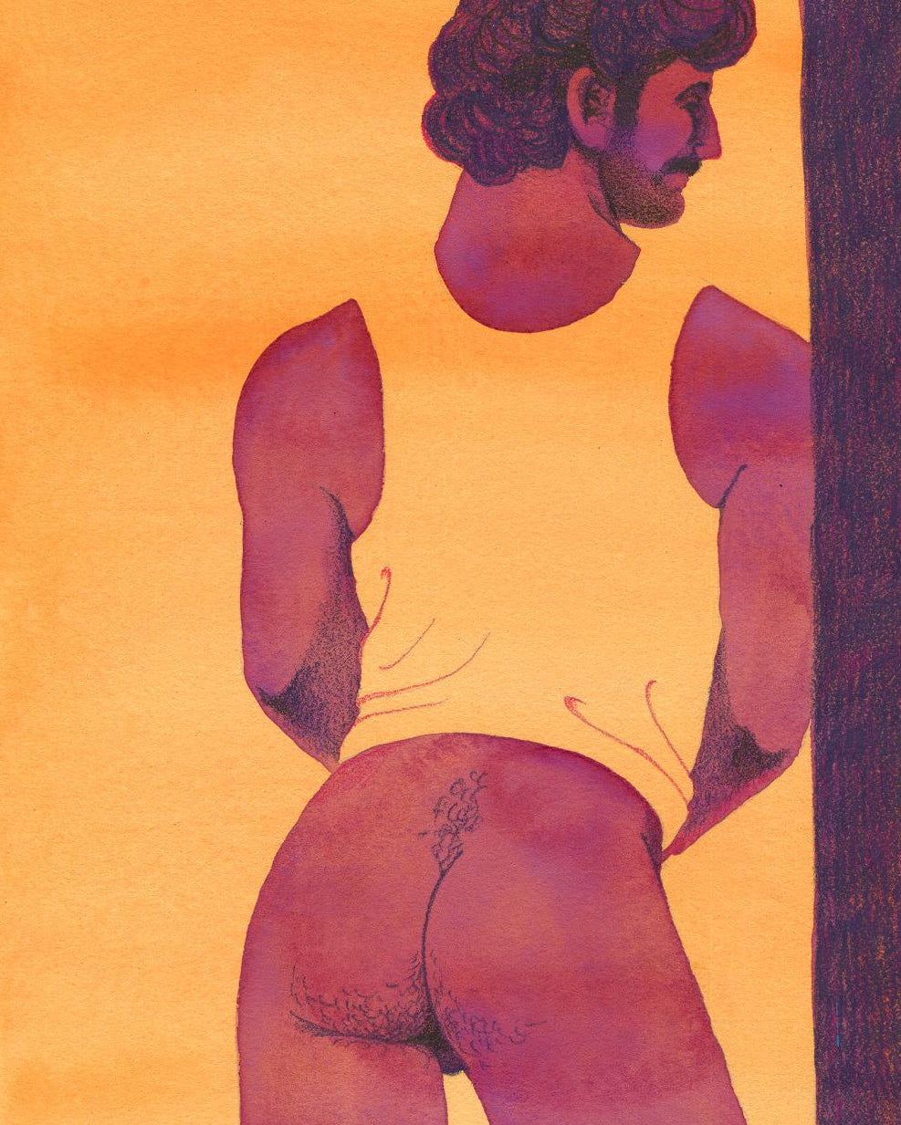 Watercolor painting of a semi-nude man leaning on a wall, against an orange background