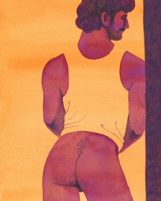 Watercolor painting of a semi-nude man leaning on a wall, against an orange background