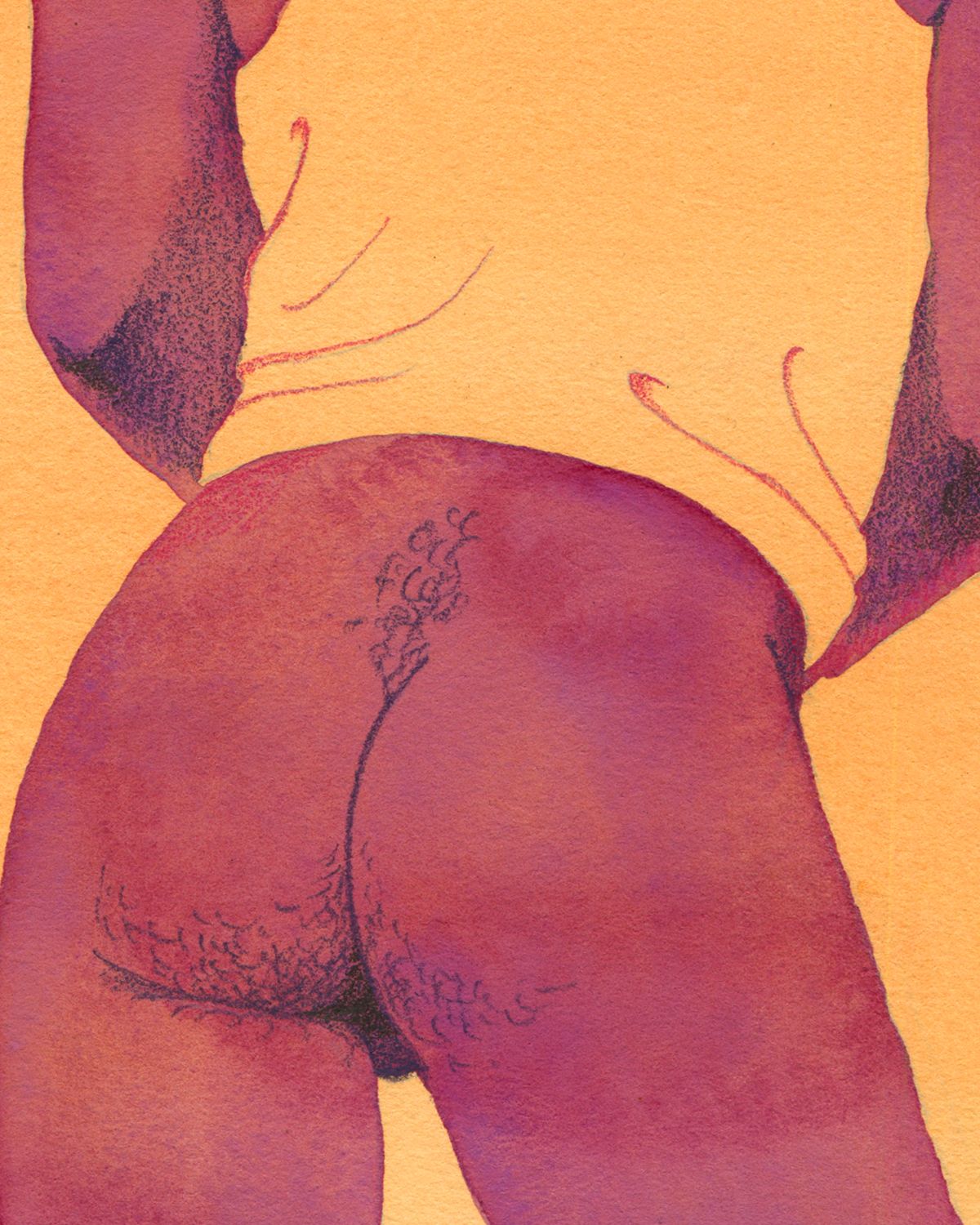 Watercolor painting of a semi-nude man leaning against a wall, against an orange background