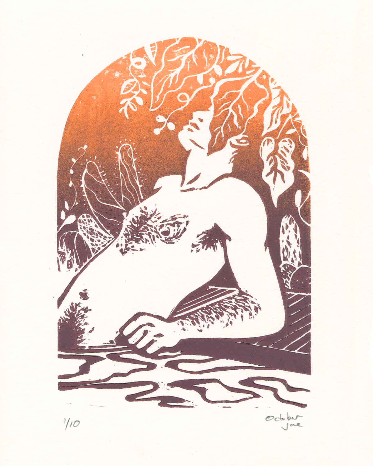 A stylized art print featuring a reclining nude figure in white against an orange-to-purple gradient arched background with leafy branches and abstract landscape elements. The print is signed and numbered '4/10' at the bottom on a white paper background.