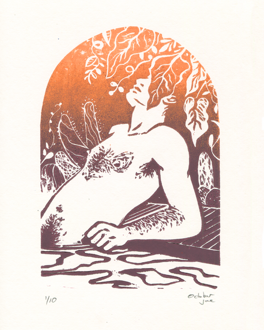 A stylized art print featuring a reclining nude figure in white against an orange-to-purple gradient arched background with leafy branches and abstract landscape elements. The print is signed and numbered '4/10' at the bottom on a white paper background.