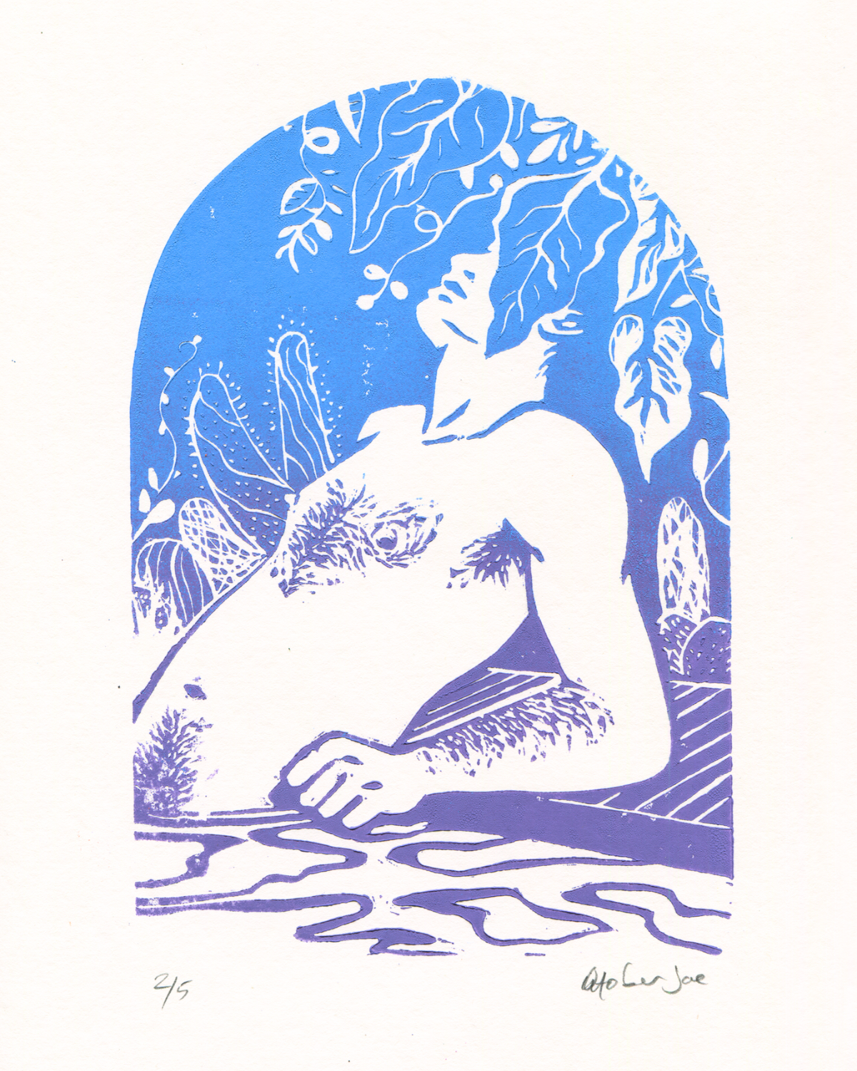 A blue and white art print featuring a stylized figure in profile under leafy branches, with decorative abstract lines at the bottom and a small signature and edition mark near the lower right.