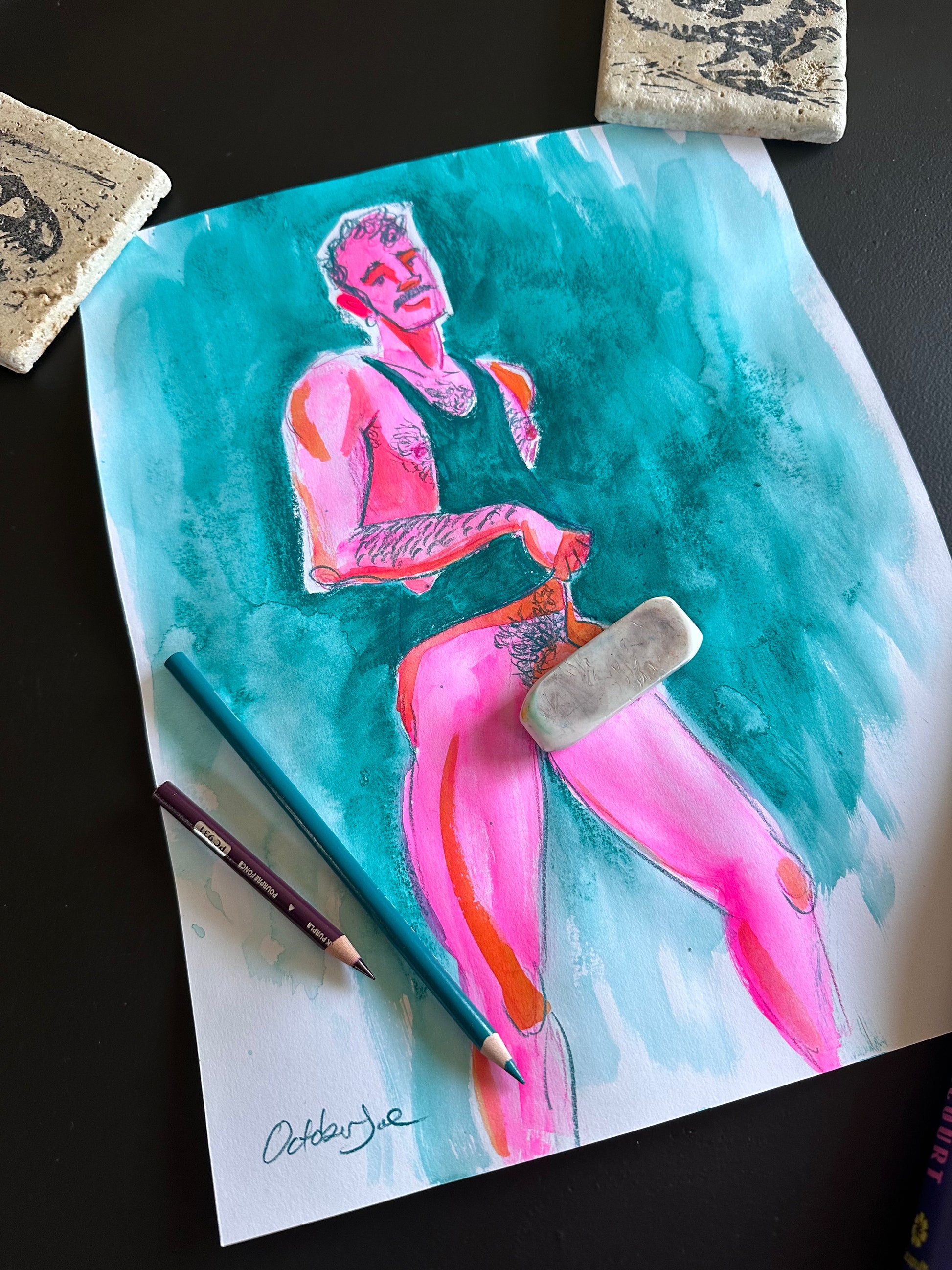 Colorful illustration of a person sitting on a rock with art supplies on a dark surface