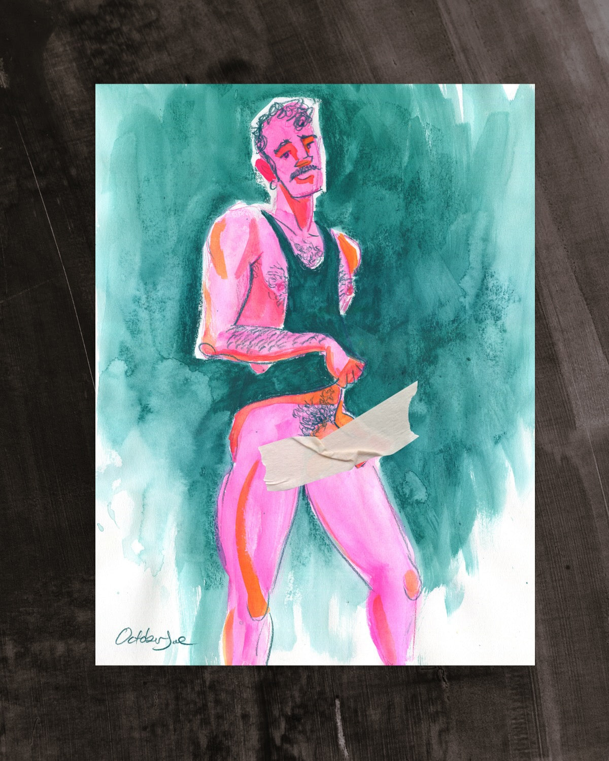 Colorful illustration of a person in a pink outfit against a teal and white background