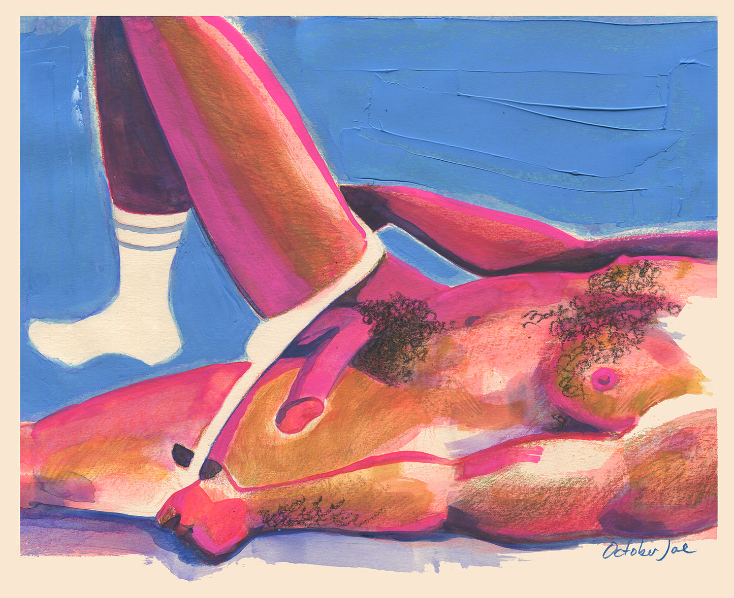 Mixed media figure painting of a nude male figure lying on his back, pulling down  a pair of briefs.