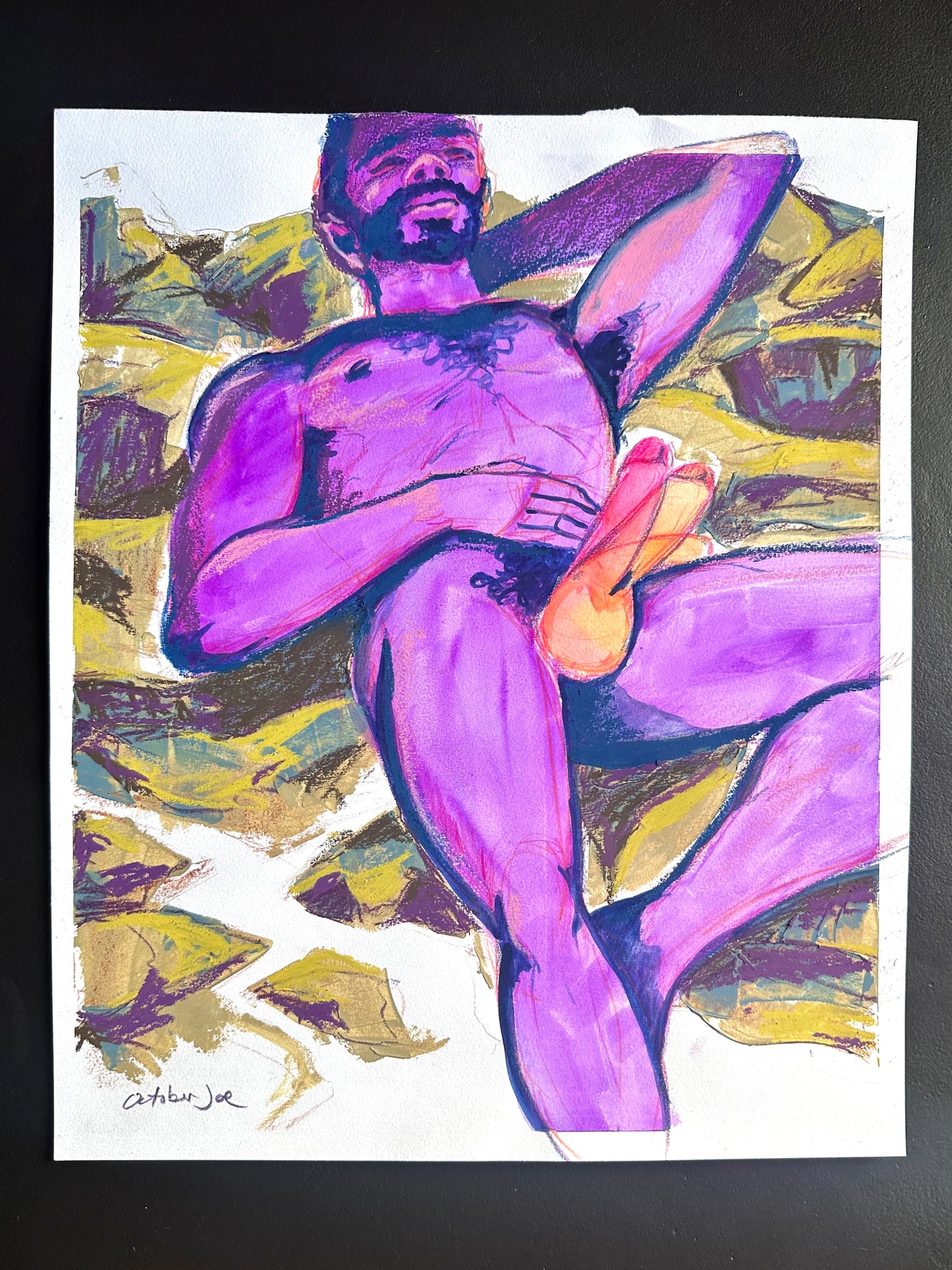 Mixed media painting of a nude male figure lying back on a mountainous landscape