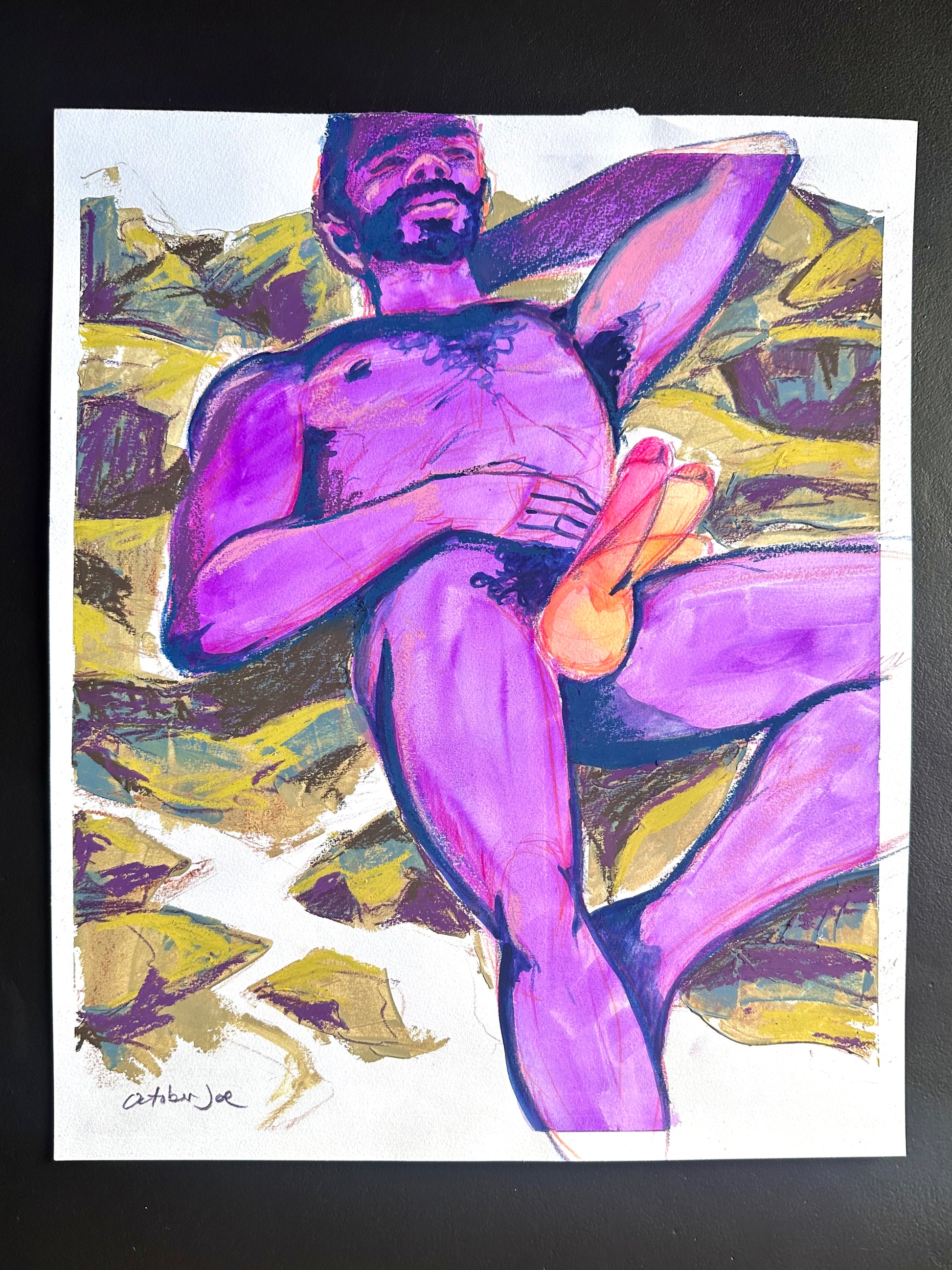 Mixed media painting of a nude male figure lying back on a mountainous landscape