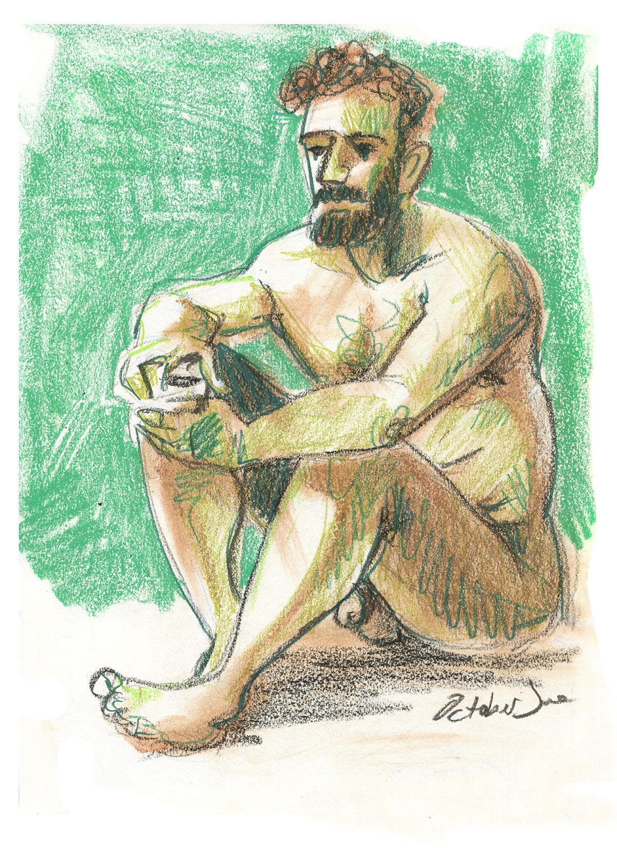 Colorful illustration of a seated figure with a green background
