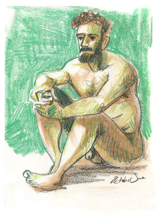 Colorful illustration of a seated figure with a green background