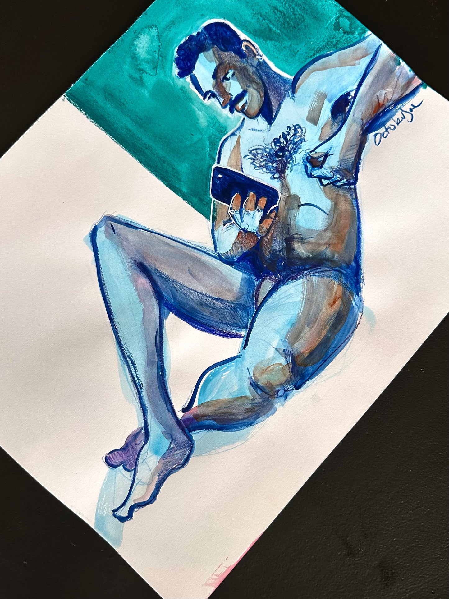Artistic depiction of a nude figure holding a phone with a teal background