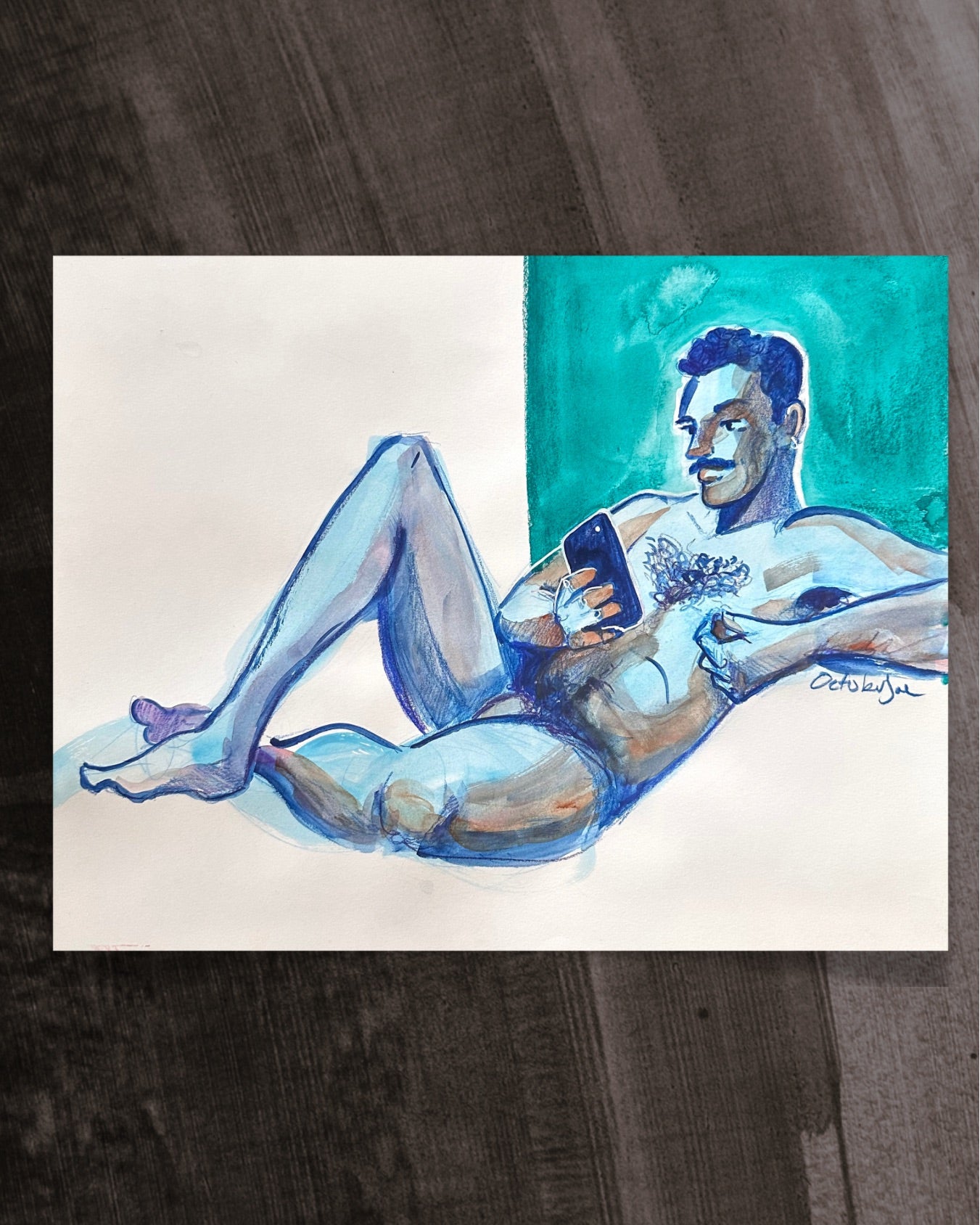 Artistic depiction of a person lounging on a towel with a drink, surrounded by watercolor elements.