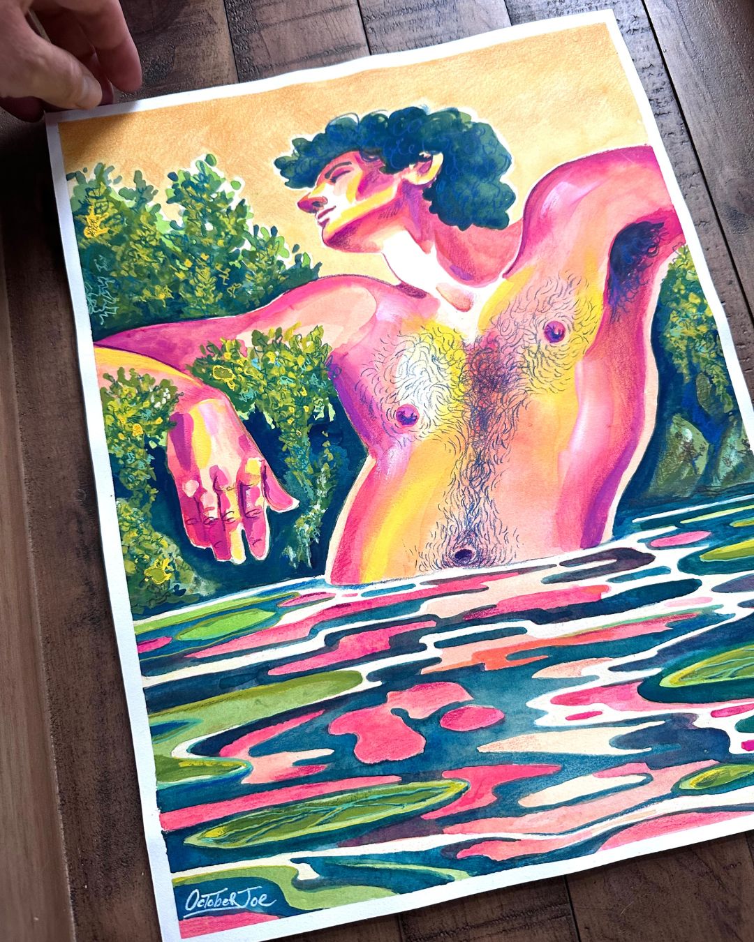 Colorful artwork of a nude figure with green hair, surrounded by nature on a wooden surface.