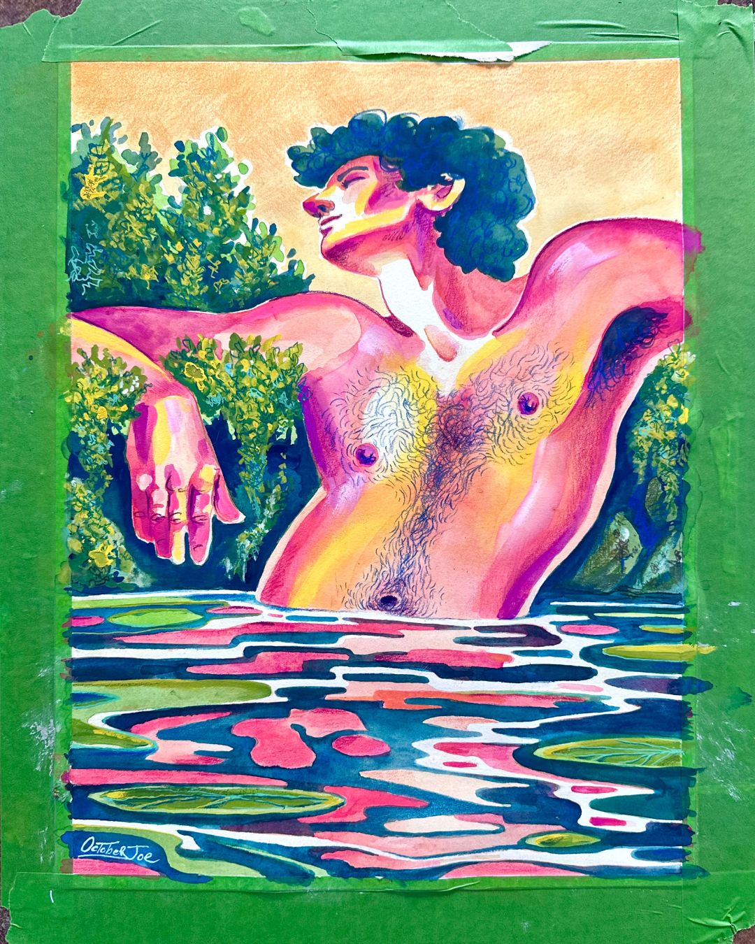 Colorful artwork of a nude figure in water with a green border
