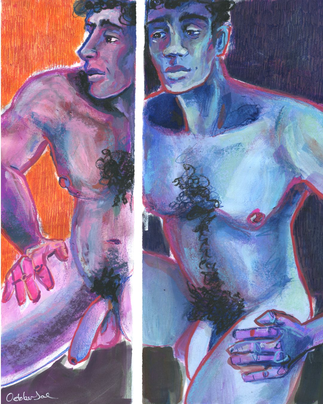 Mixed media painting of a nude figure gazing at his reflection in a full-length mirror