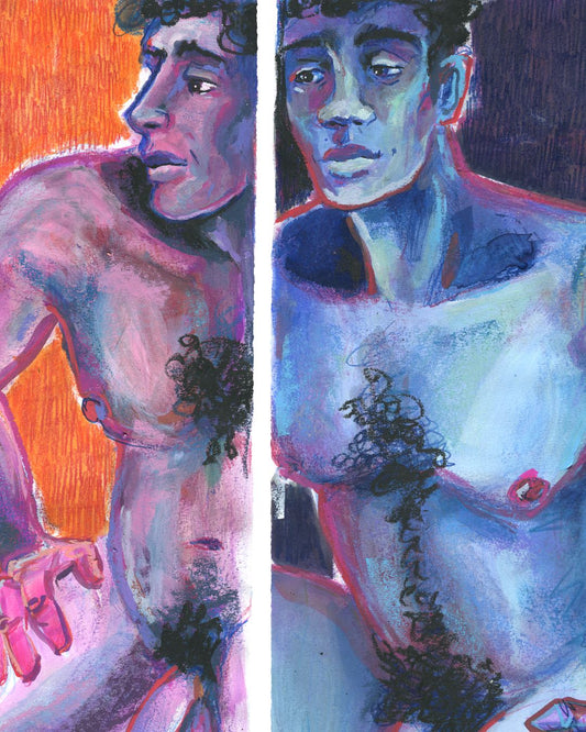 Mixed media painting of a nude figure gazing at his reflection in a full-length mirror