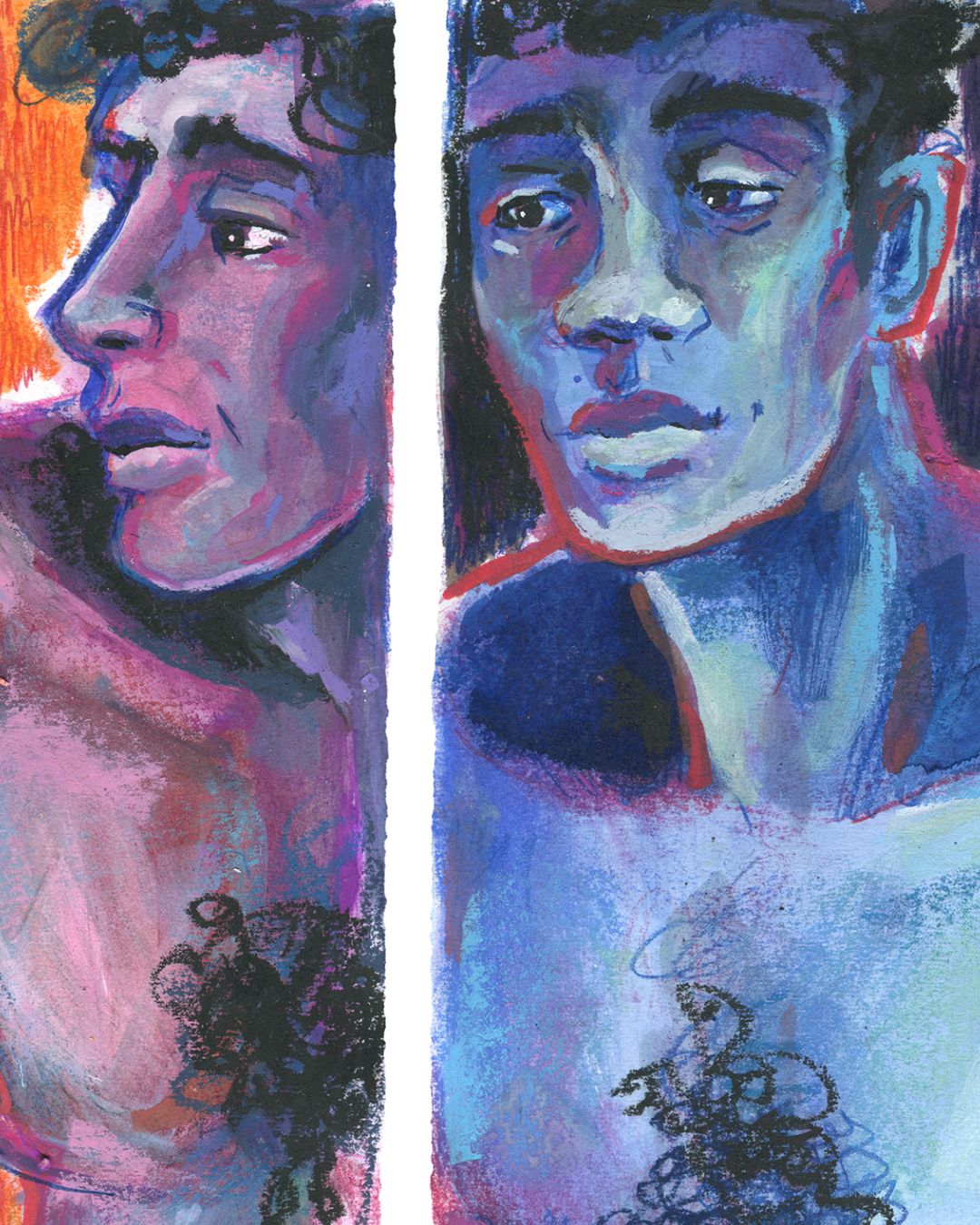Mixed media painting of a nude figure gazing at his reflection in a full-length mirror