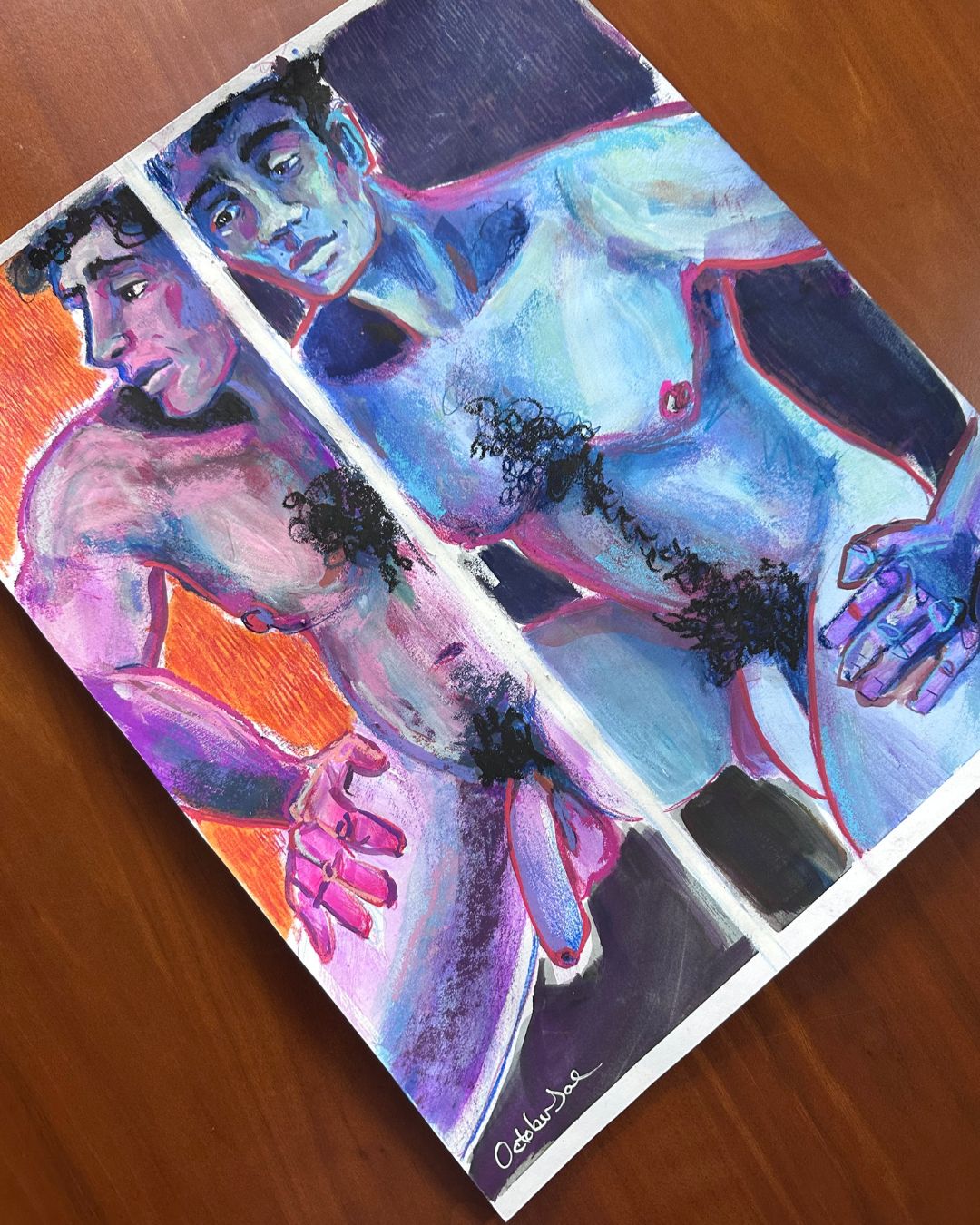 Mixed media painting of a nude figure gazing at his reflection in a full-length mirror