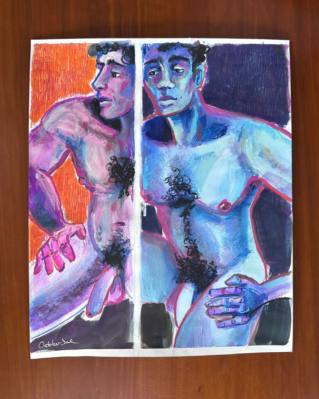 Mixed media painting of a nude figure gazing at his reflection in a full-length mirror
