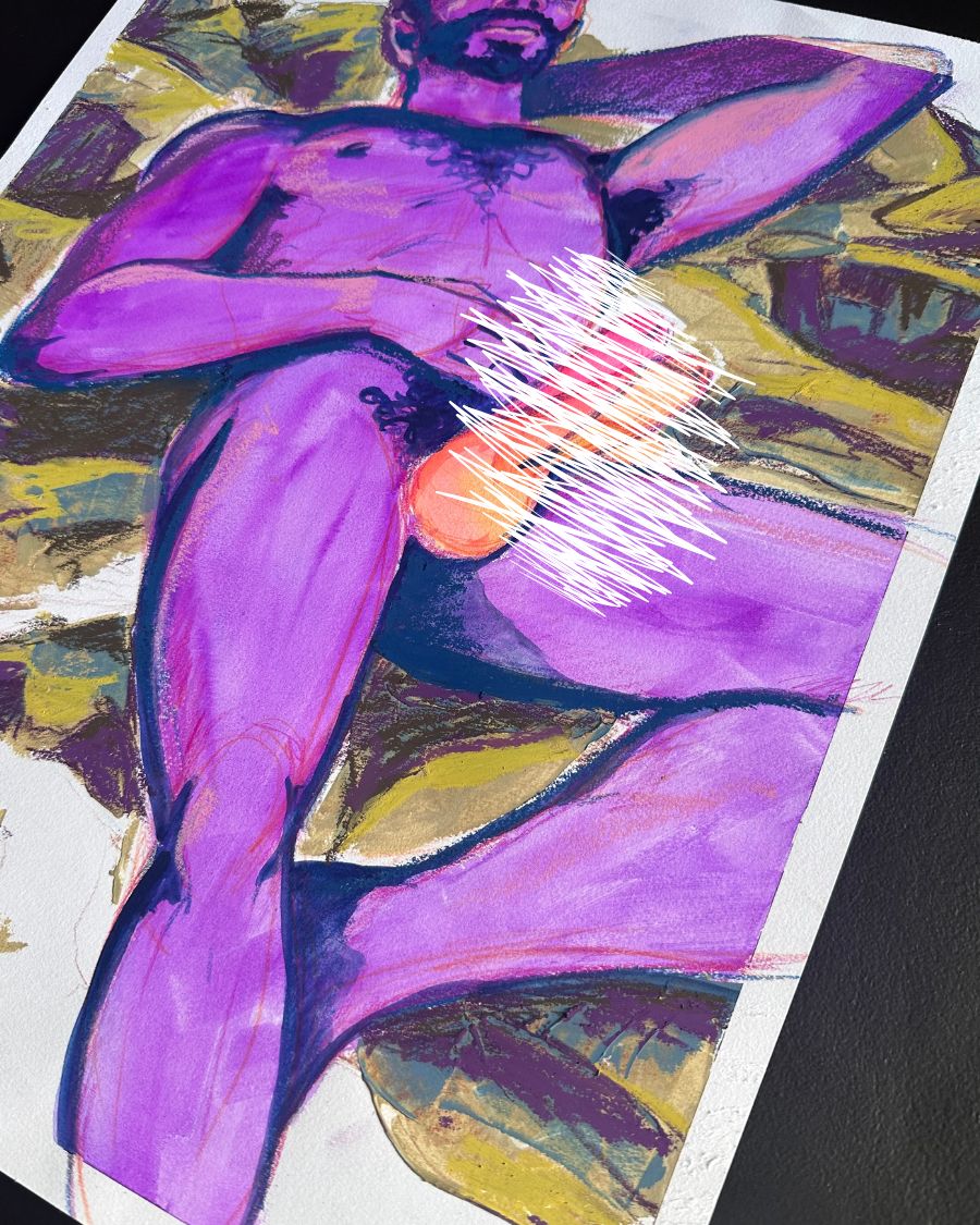 Mixed media painting of a nude male figure lying back on a mountainous landscape
