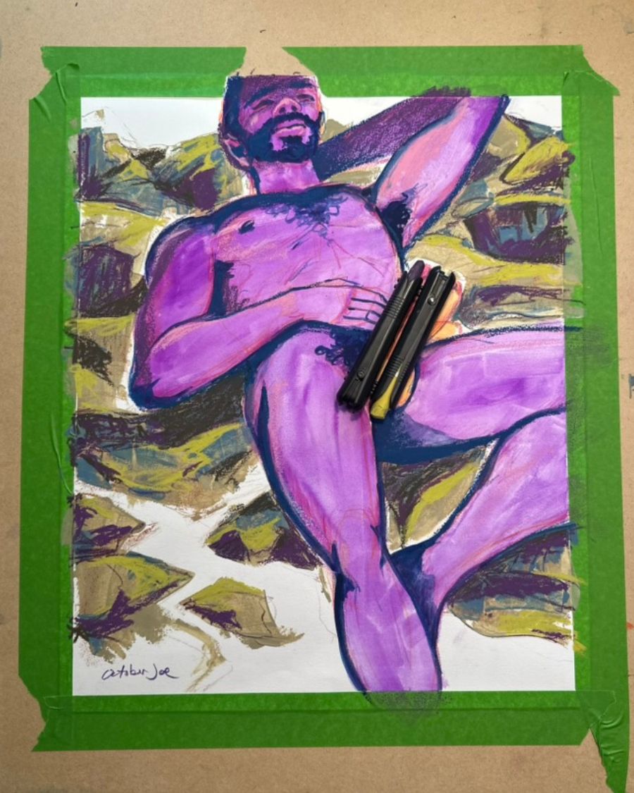 Mixed media painting of a nude male figure lying back on a mountainous landscape