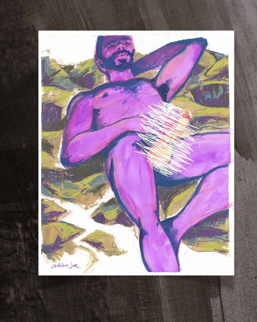 Mixed media painting of a nude male figure lying back on a mountainous landscape