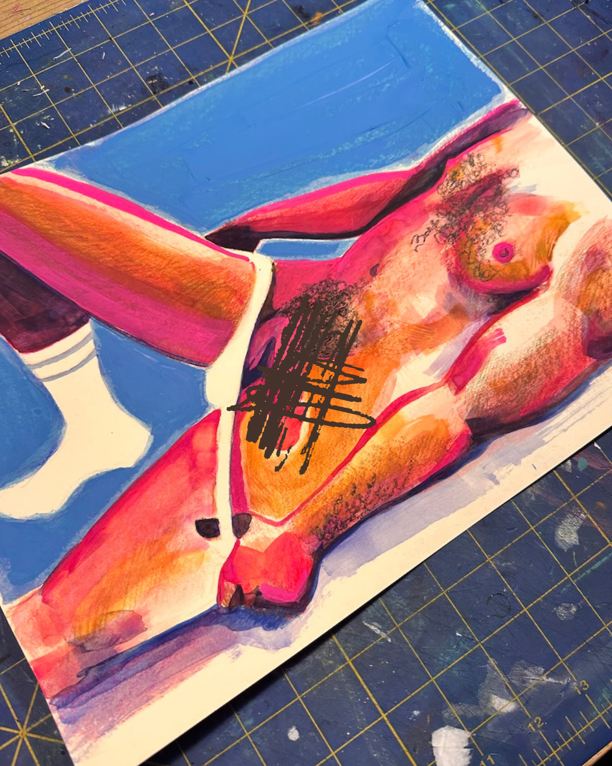 Mixed media figure painting of a nude male figure lying on his back, pulling down  a pair of briefs.