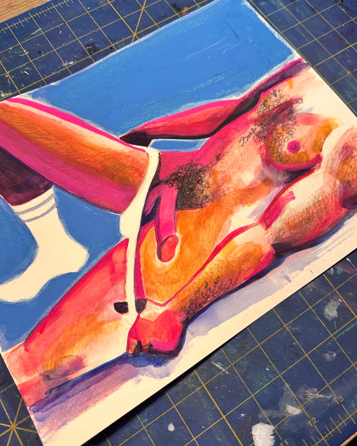 Mixed media figure painting of a nude male figure lying on his back, pulling down  a pair of briefs.